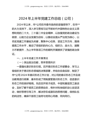 2024年上半年党建工作总结（公司）