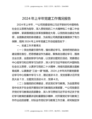 2024年上半年党建工作情况报告