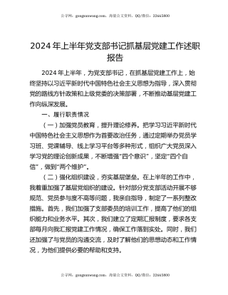 2024年上半年党支部书记抓基层党建工作述职报告（2）