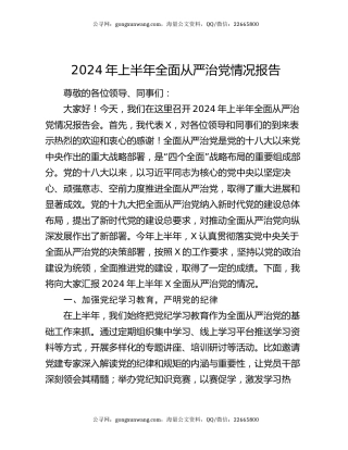 2024年上半年全面从严治党情况报告