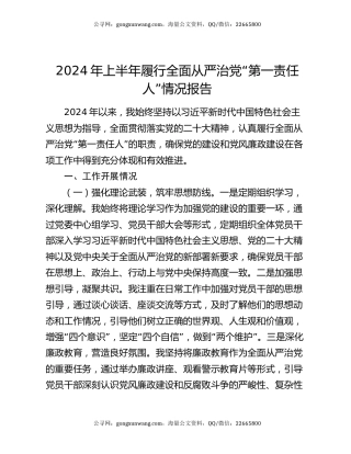 2024年上半年履行全面从严治党“第一责任人”情况报告