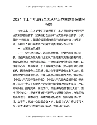 2024年上半年履行全面从严治党主体责任情况报告