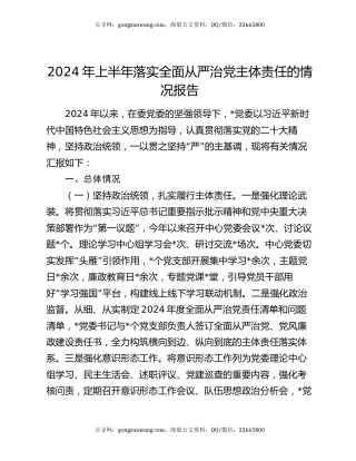 2024年上半年落实全面从严治党主体责任的情况报告