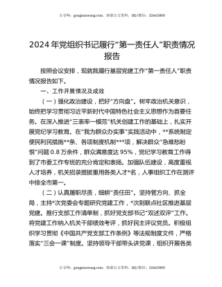 2024年党组织书记履行“第一责任人”职责情况报告