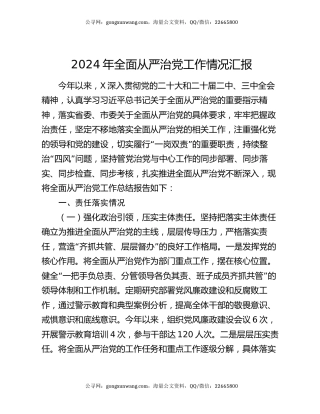 2024年全面从严治党工作情况汇报
