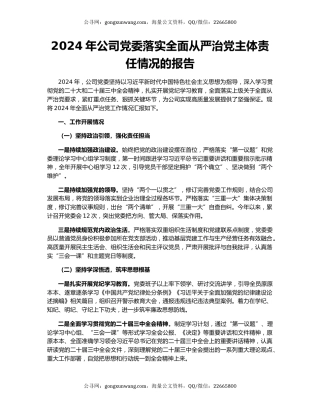 2024年公司党委落实全面从严治党主体责任情况的报告