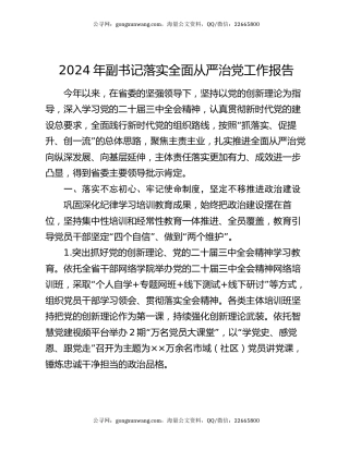 2024年副书记落实全面从严治党工作报告
