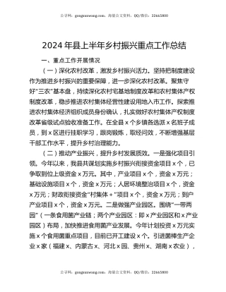 2024年县上半年乡村振兴重点工作总结