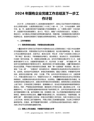 2024年国有企业党建工作总结及下一步工作计划