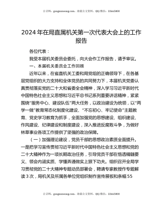 2024年在局直属机关第一次代表大会上的工作报告
