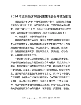 2024年巡察整改专题民主生活会召开情况报告