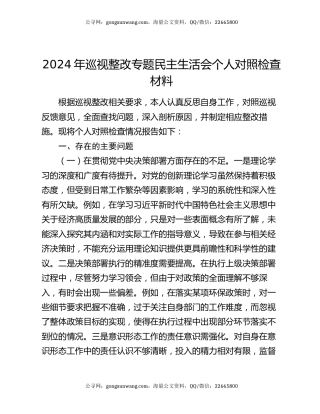 2024年巡视整改专题民主生活会个人对照检查材料