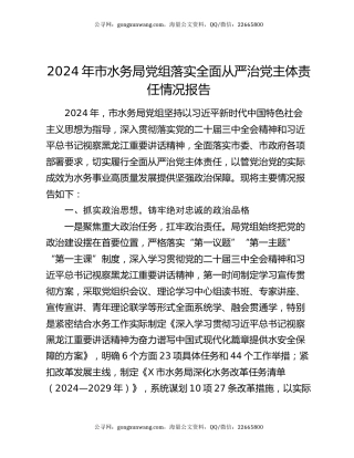2024年市水务局党组落实全面从严治党主体责任情况报告