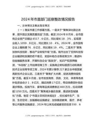 2024年市直部门巡察整改情况报告