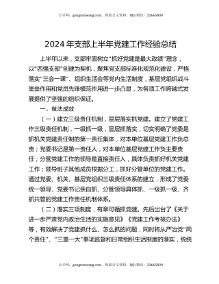2024年支部上半年党建工作经验总结