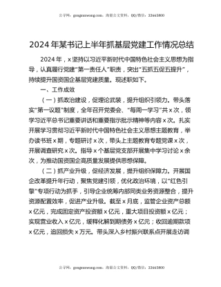 2024年某书记上半年抓基层党建工作情况总结