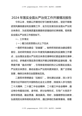 2024年落实全面从严治党工作开展情况报告