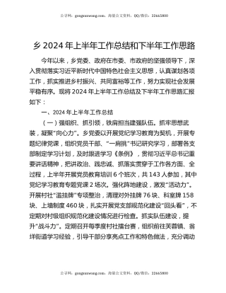 乡2024年上半年工作总结和下半年工作思路