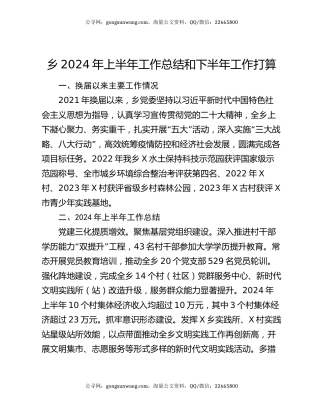 乡2024年上半年工作总结和下半年工作打算