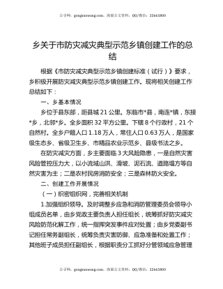 乡关于市防灾减灾典型示范乡镇创建工作的总结
