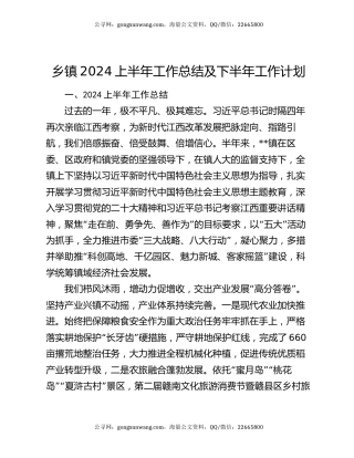 乡镇2024上半年工作总结及下半年工作计划