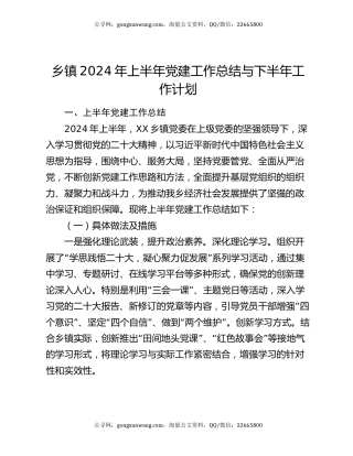 乡镇2024年上半年党建工作总结与下半年工作计划