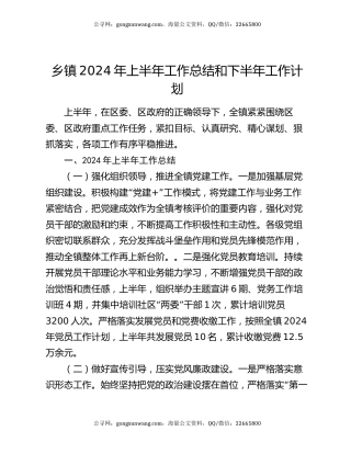 乡镇2024年上半年工作总结和下半年工作计划