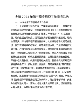 乡镇2024年第三季度组织工作情况总结