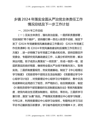 乡镇2024年落实全面从严治党主体责任工作情况总结及下一步工作计划