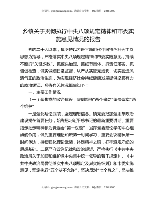 乡镇关于贯彻执行中央八项规定精神和市委实施意见情况的报告