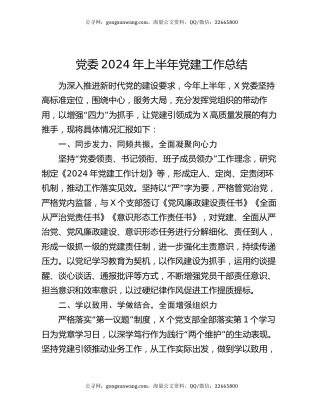 党委2024年上半年党建工作总结