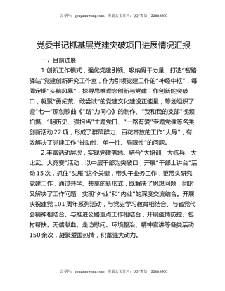 党委书记抓基层党建突破项目进展情况汇报