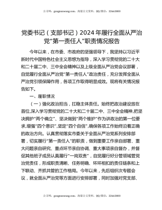 党委书记（支部书记）2024年履行全面从严治党“第一责任人”职责情况报告