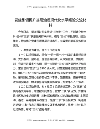 党建引领提升基层治理现代化水平经验交流材料