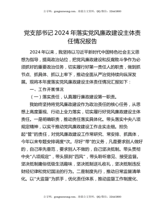 党支部书记2024年落实党风廉政建设主体责任情况报告