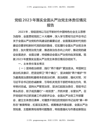 党组2023年落实全面从严治党主体责任情况报告