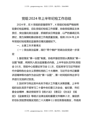 党组2024年上半年纪检工作总结