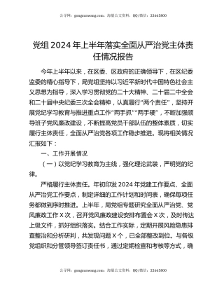 党组2024年上半年落实全面从严治党主体责任情况报告