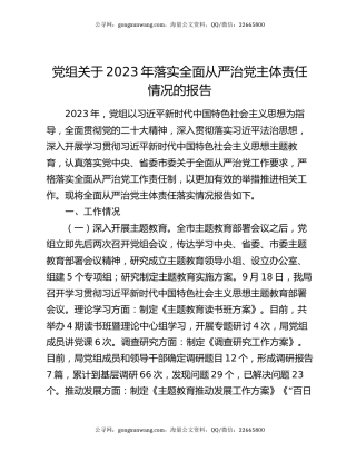 党组关于2023年落实全面从严治党主体责任情况的报告