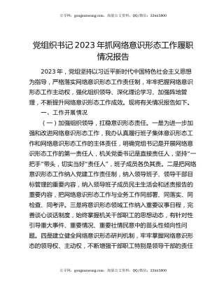 党组织书记2023年抓网络意识形态工作履职情况报告
