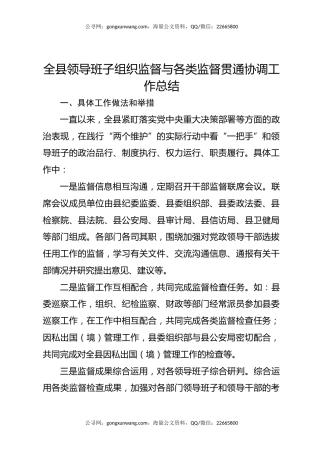 全县领导班子组织监督与各类监督贯通协调工作总结