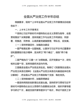 全面从严治党工作半年总结