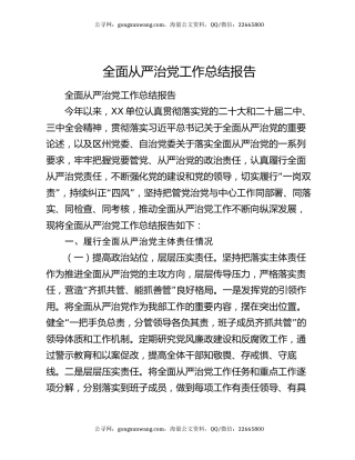 全面从严治党工作总结报告