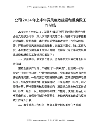 公司2024年上半年党风廉政建设和反腐败工作总结