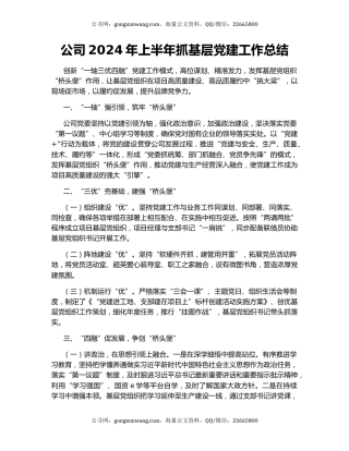 公司2024年上半年抓基层党建工作总结