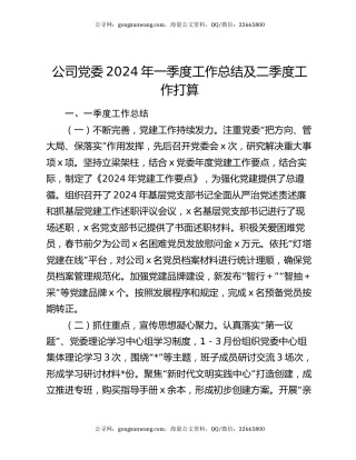 公司党委2024年一季度工作总结及二季度工作打算