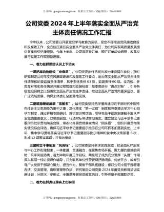 公司党委2024年上半年落实全面从严治党主体责任情况工作汇报
