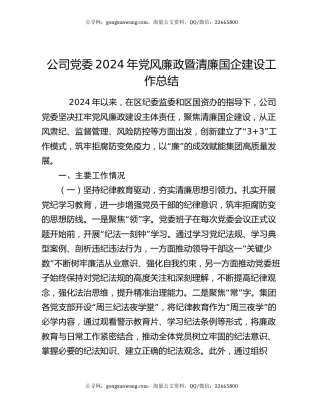公司党委2024年党风廉政暨清廉国企建设工作总结