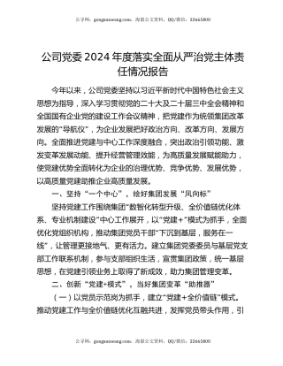公司党委2024年度落实全面从严治党主体责任情况报告