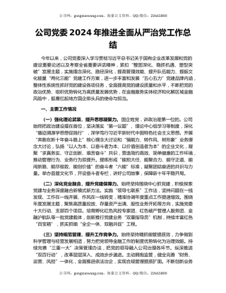 公司党委2024年推进全面从严治党工作总结